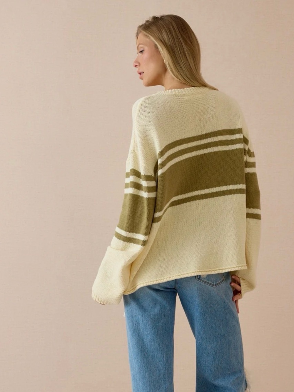 Altar’d State Nala Oversized Stripe Sweater Ivory & Olive Green Relaxed Cozy NEW - Picture 4 of 7